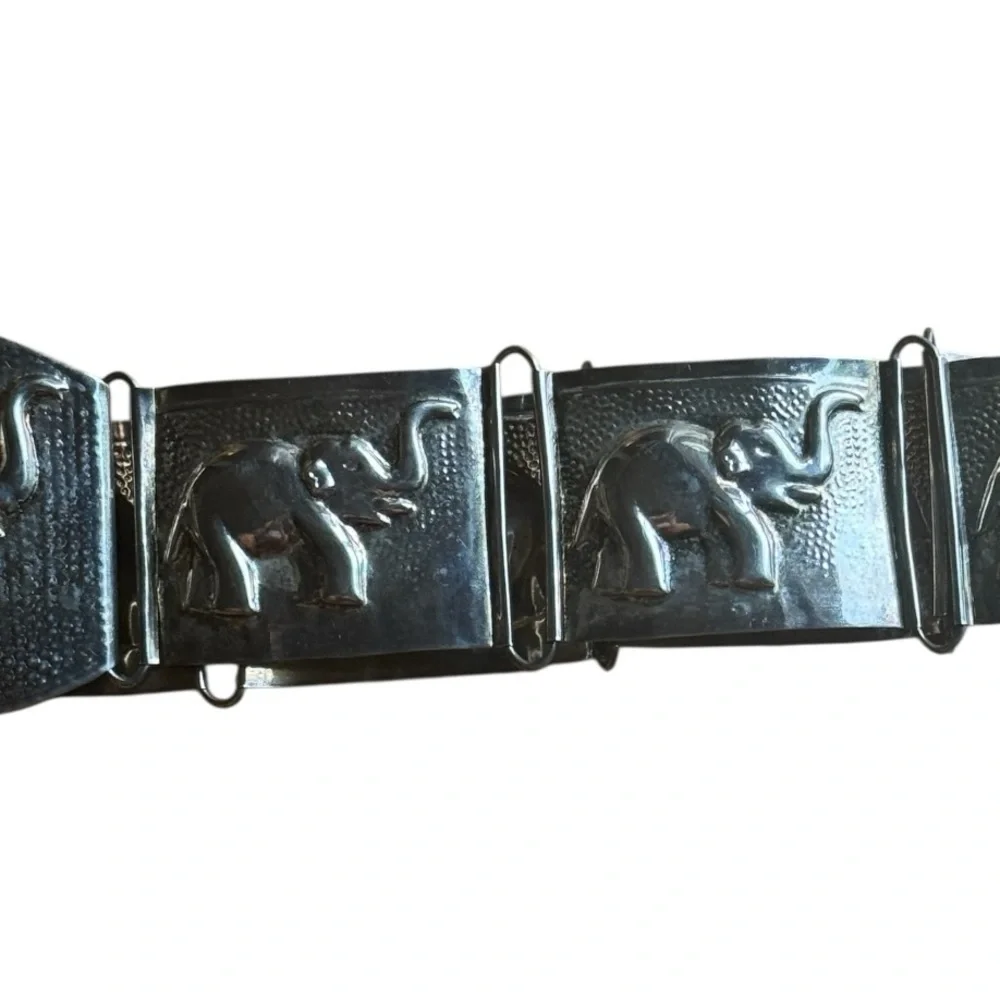 Elephant Embossed Belt Brass Made in India Silver Link Vintage 37” Accessory M L